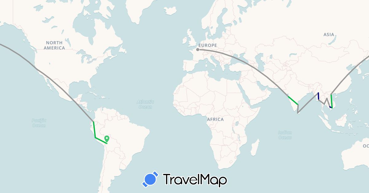TravelMap itinerary: driving, bus, plane in Bolivia, Ecuador, France, India, Cambodia, Laos, Sri Lanka, Myanmar (Burma), Peru, Thailand, United States, Vietnam (Asia, Europe, North America, South America)